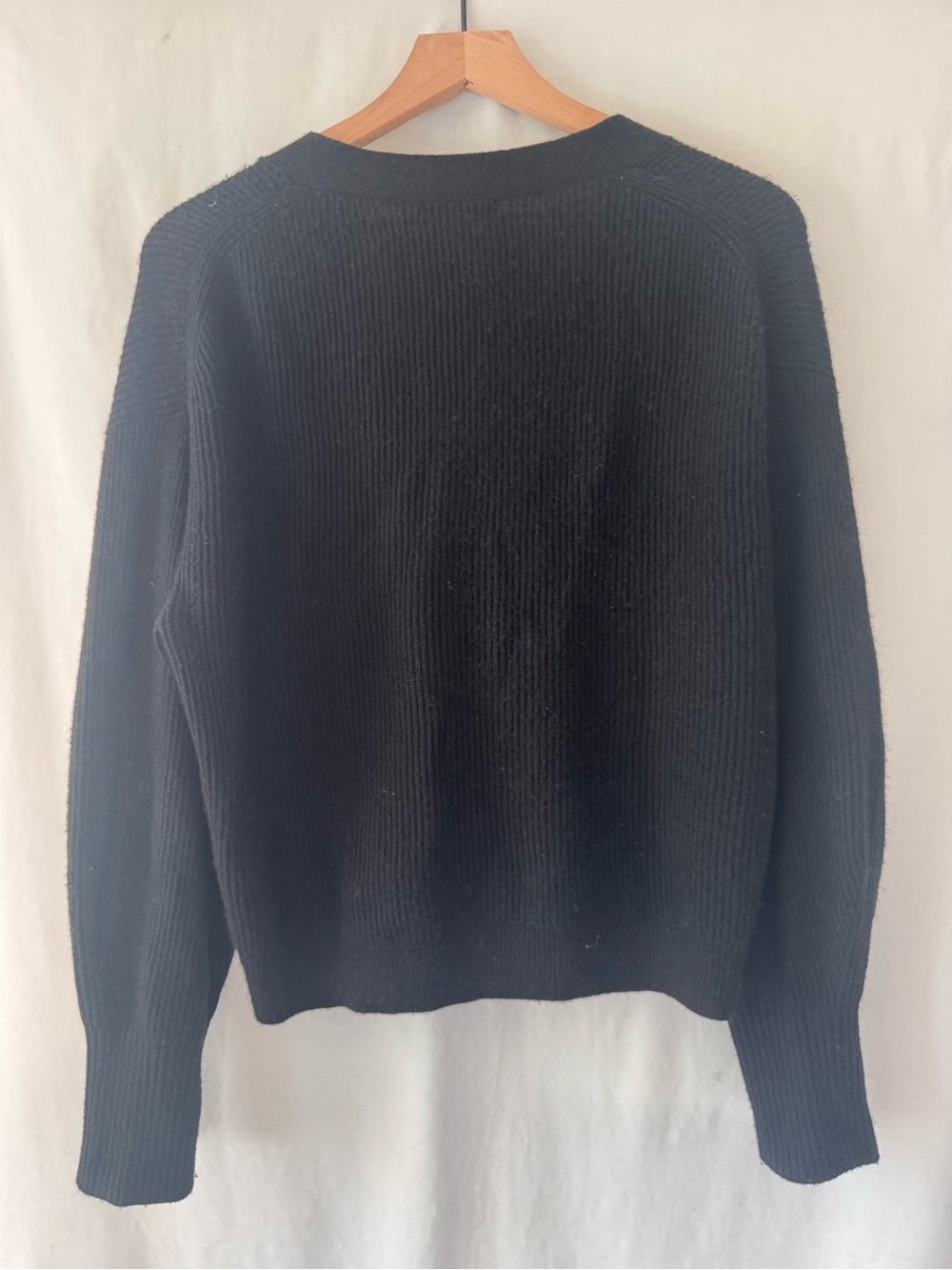 Quince Baby Alpaca Black Ribbed V-Neck Button-Front Cardigan. Layering - Picture 3 of 7